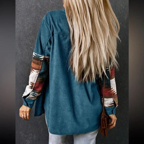 Cozy Boho Oversized Aztec Print Pocket Corduroy Jacket Shacket Button Down Shirt - Picture 2 of 7